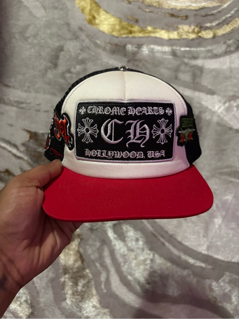 Chrome Hearts White & Red Logo Trucker Cap